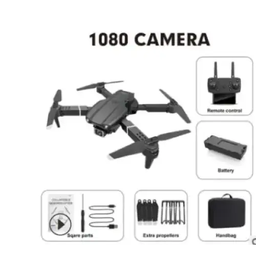 Black quadcopter drone with 1080p camera, remote control, and accessories.