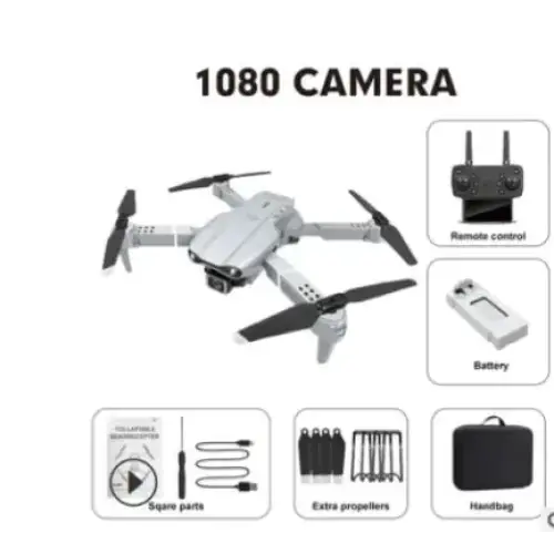 Silver-colored foldable drone with black propellers and a 1080p camera.