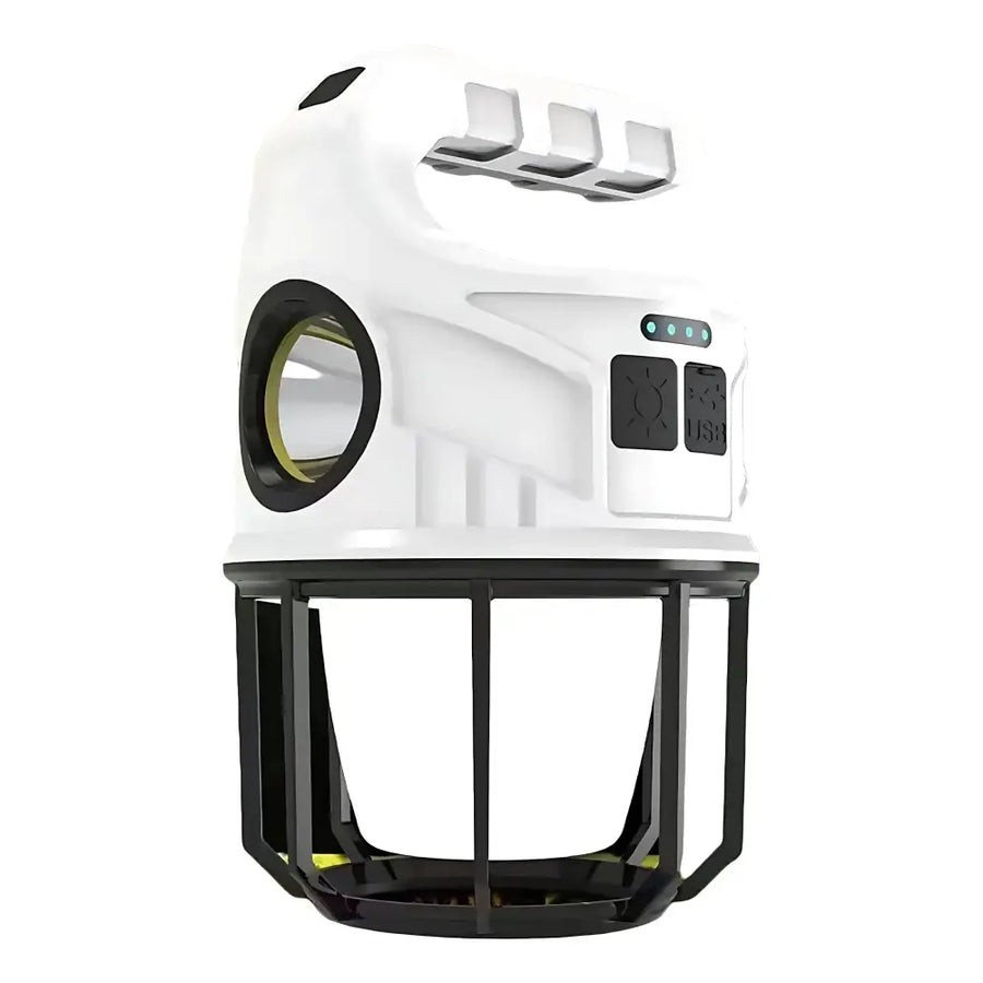 White and black rugged outdoor lantern with a handle, usb port, solar panel indicator lights, and protective cage.