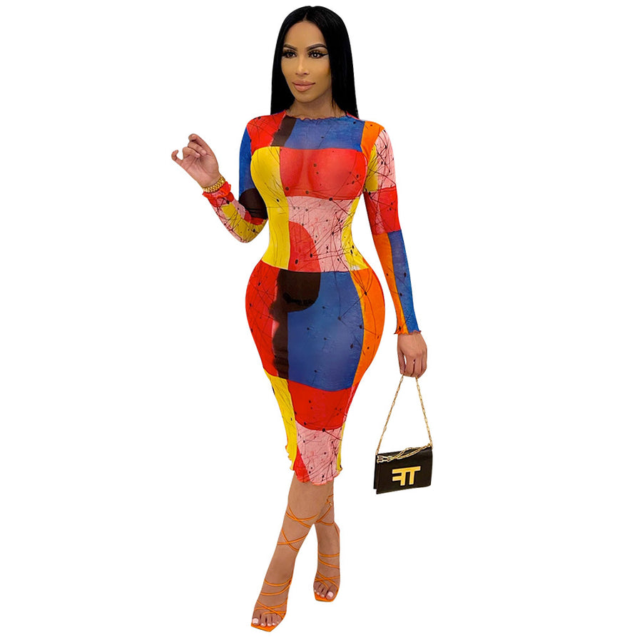Women's Fashion Long-sleeved Mesh Printed Dress