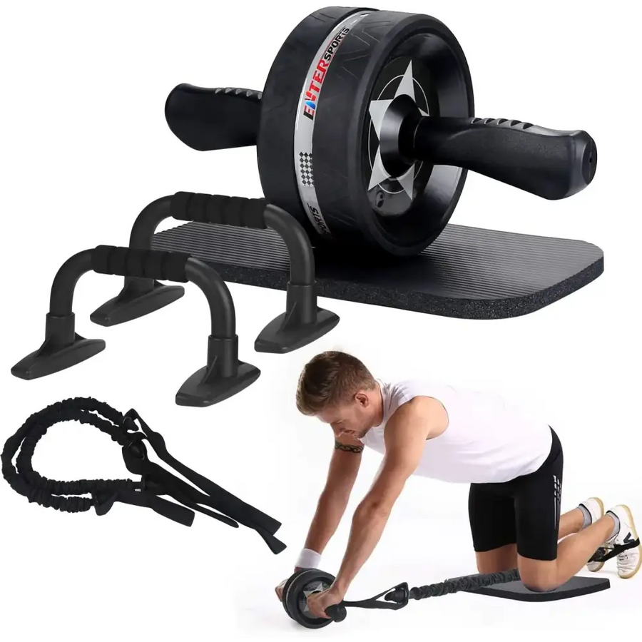 Black ab roller with textured grip handles and a star-shaped center design, branded ’fiter sports’ on its side.
