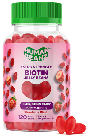 Human Beanz Biotin Jelly Bean Gummy Vitamins Extra Strength Biotin for Hair Skin and Nails 5000mcg per Serving Hair Growth Vitamins for Men and Women 120 Strawberry Blast Jelly Beans Kosher