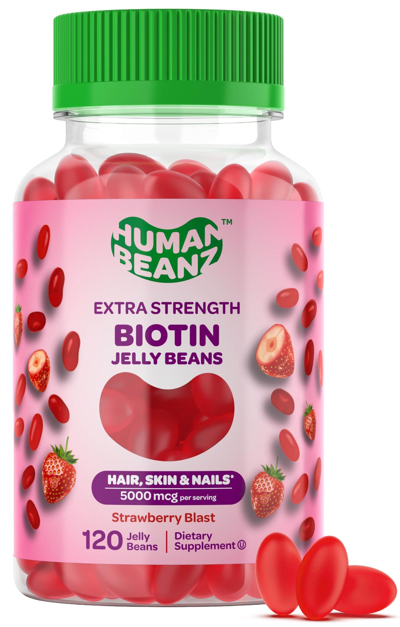 Human Beanz Biotin Jelly Bean Gummy Vitamins Extra Strength Biotin for Hair Skin and Nails 5000mcg per Serving Hair Growth Vitamins for Men and Women 120 Strawberry Blast Jelly Beans Kosher