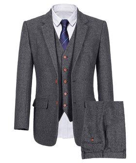Wemaliyzd Mens British 3 Piece Grey Herringbone Tweed Blazer Slim Fit Vest Pants (Herringbone Grey 48S)