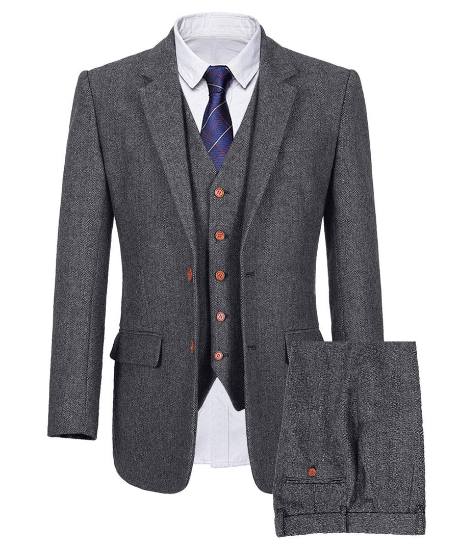 Wemaliyzd Mens British 3 Piece Grey Herringbone Tweed Blazer Slim Fit Vest Pants (Herringbone Grey 48S)
