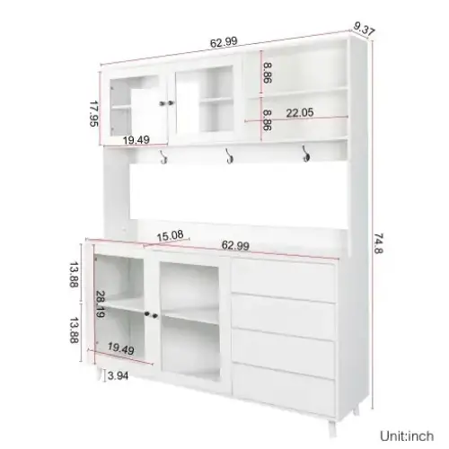 White modern entryway cabinet with glass-fronted upper cabinets, open shelving, and lower drawers.