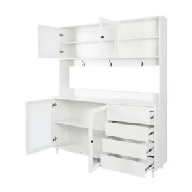 White modular storage unit with open cabinets and drawers, featuring a sleek minimalist design