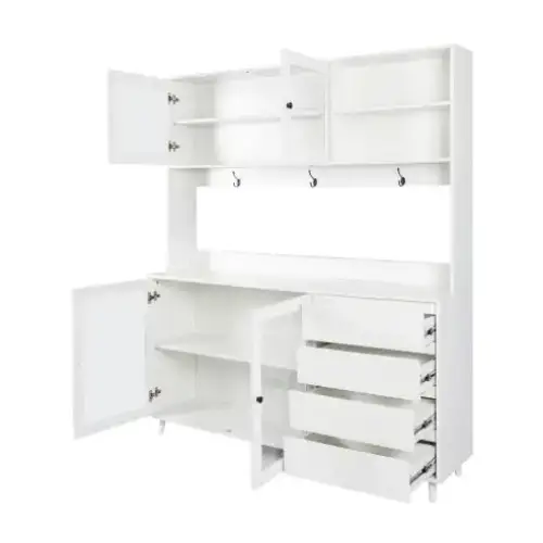 White modular storage unit with open cabinets and drawers, featuring a sleek minimalist design
