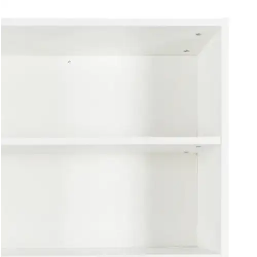 White plastic shelving unit with two evenly spaced shelves