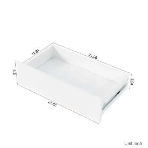 White, sleek drawer with precise dimensions and a minimalist design.