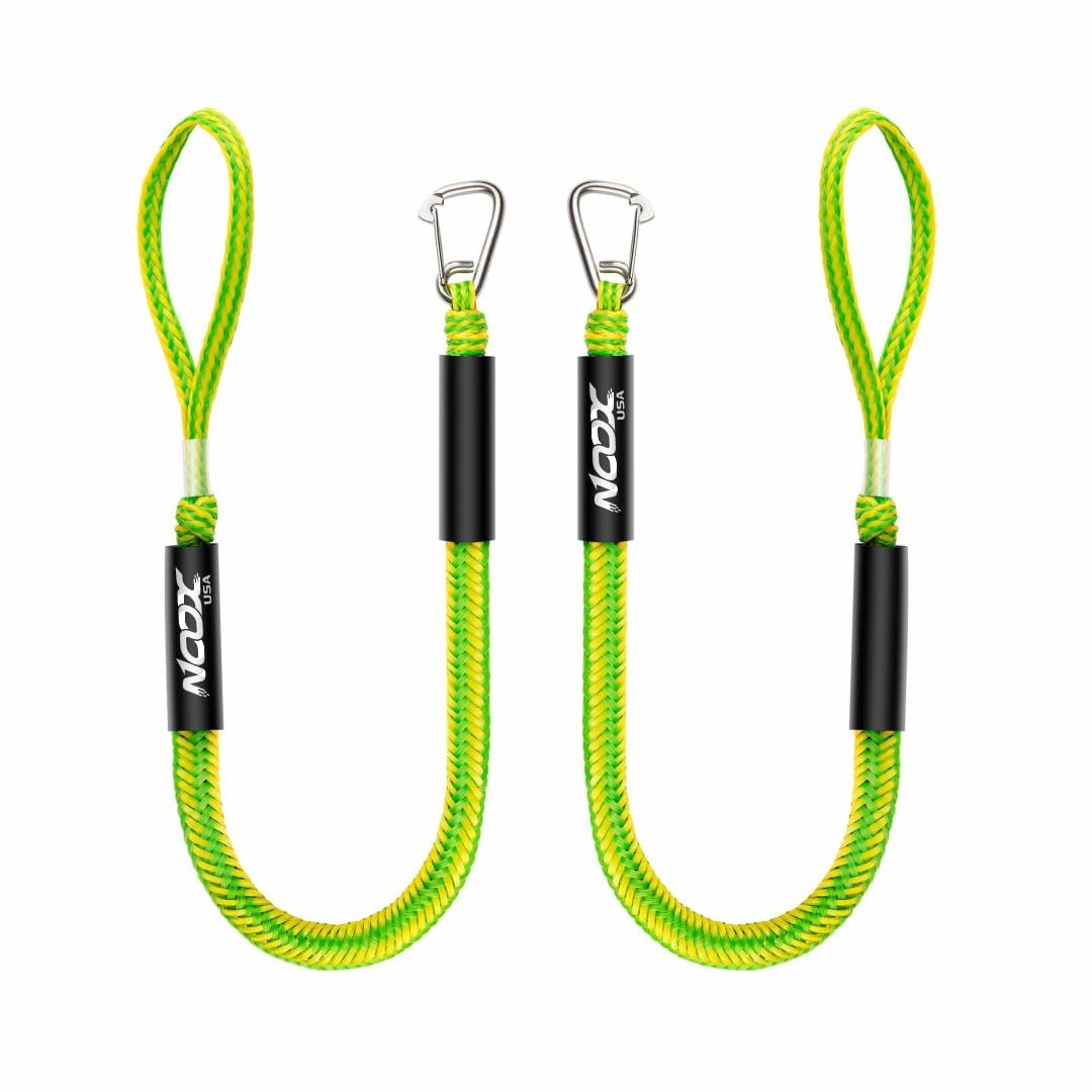 Noox USA Boat Bungee Dock Lines Boating Gifts for Men Boat Accessories Mooring Lines for Bass Boat Bungee Dock Line with Stainless Clip at one Side 4 Feet (Pack of 2) (Yellow and Green)