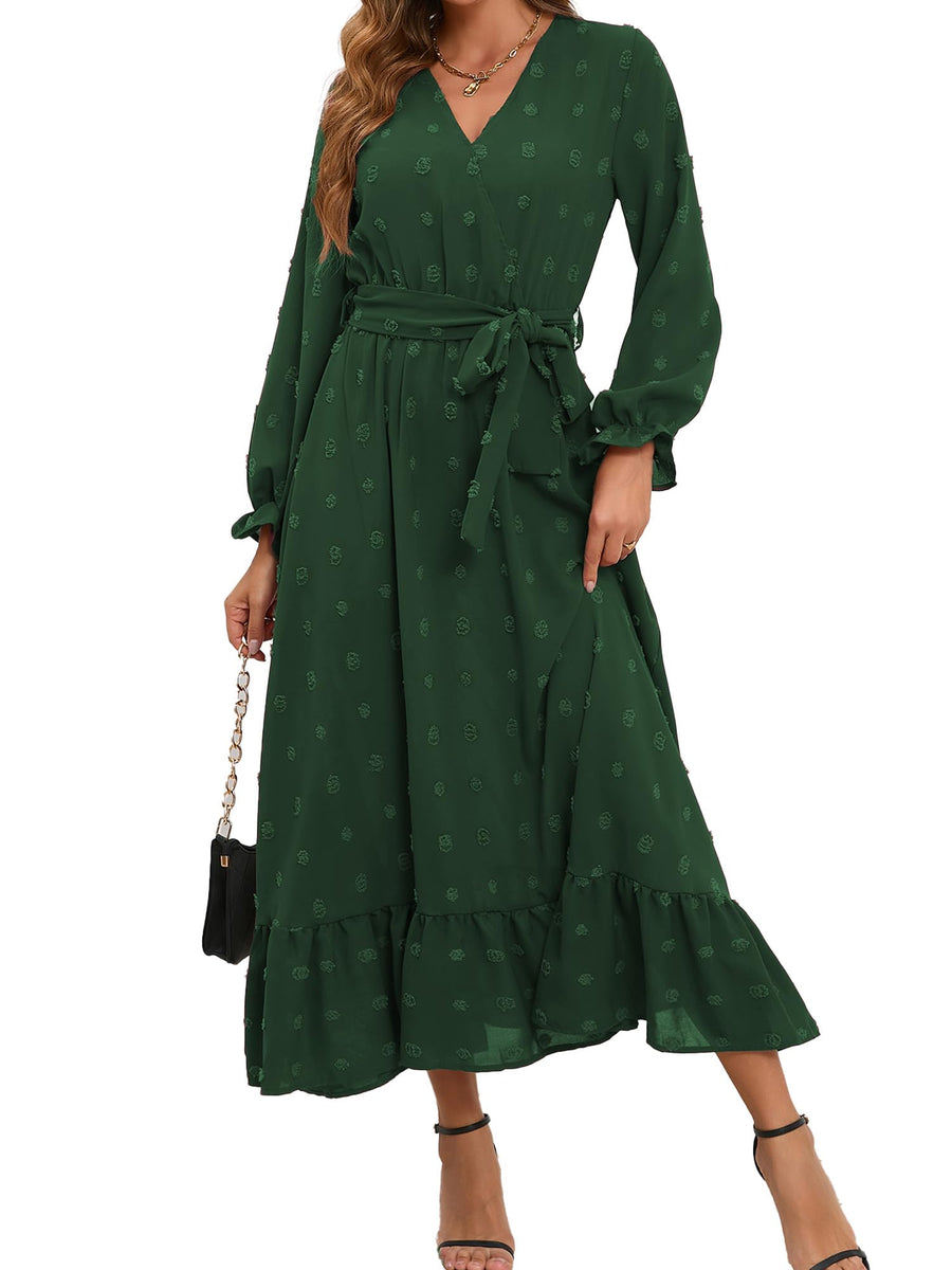 Womens Casual Maxi Dress Long Sleeve Swiss Dot Long Flowy Ruffle A Line Boho Dresses with Belt (2XLGreen)