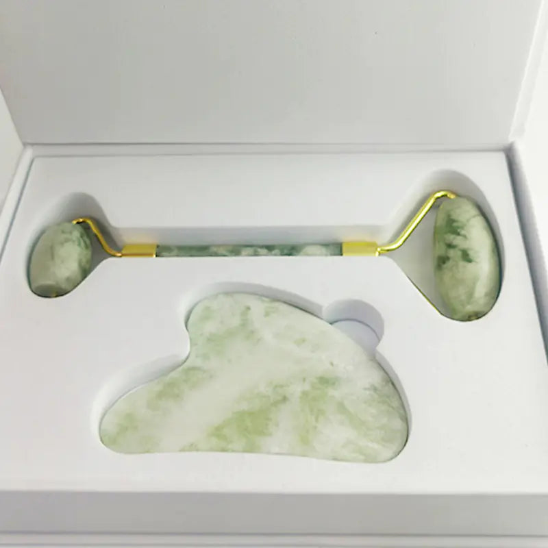 110g Xiu Yu White Jade Facial Roller Gua Sha Set - Joomcy