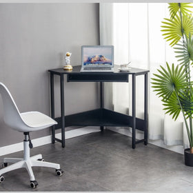 Triangle Computer Desk, Corner Table With Sleek Keyboard Tray And Storage Shelves As A Workstation For Small Spaces