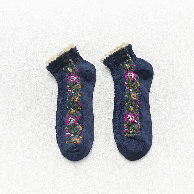 Women's Retro Floral Lace Cotton Boat Socks - Joomcy