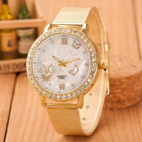 Geneva Watch with Gold Mesh Band and Double Row Diamonds - Joomcy