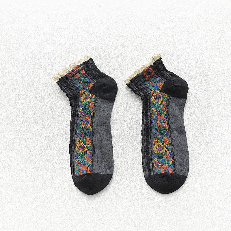 Women's Retro Floral Lace Cotton Boat Socks - Joomcy
