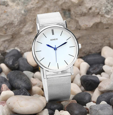 Geneva Watch with Gold Mesh Band and Double Row Diamonds - Joomcy