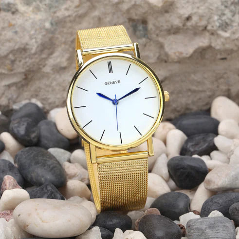 Geneva Watch with Gold Mesh Band and Double Row Diamonds - Joomcy