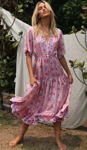 Pink Floral V-Neck Long Dress for Women - Joomcy