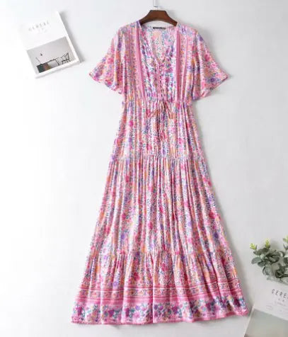 Pink Floral V-Neck Long Dress for Women - Joomcy