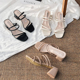 Elegant Women's Square Heel Cross-Tied Leather Sandals