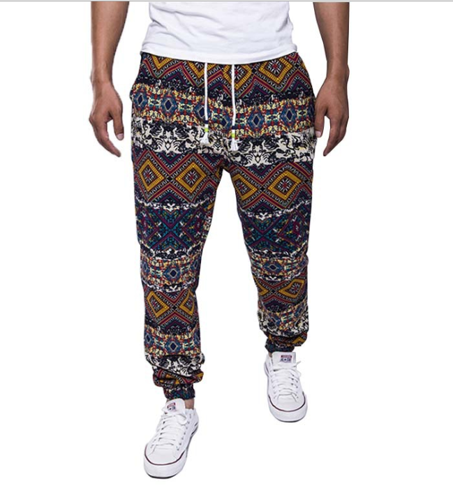 Men's Floral Cotton-Linen Casual Pants with Drawstring