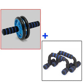 Blue and black ab roller with textured grip handles.