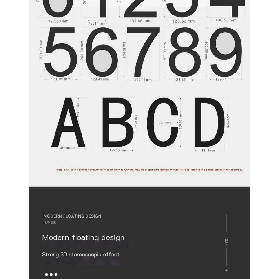 Black, bold sans-serif numerals and letters with precise dimensional measurements printed on a white background.