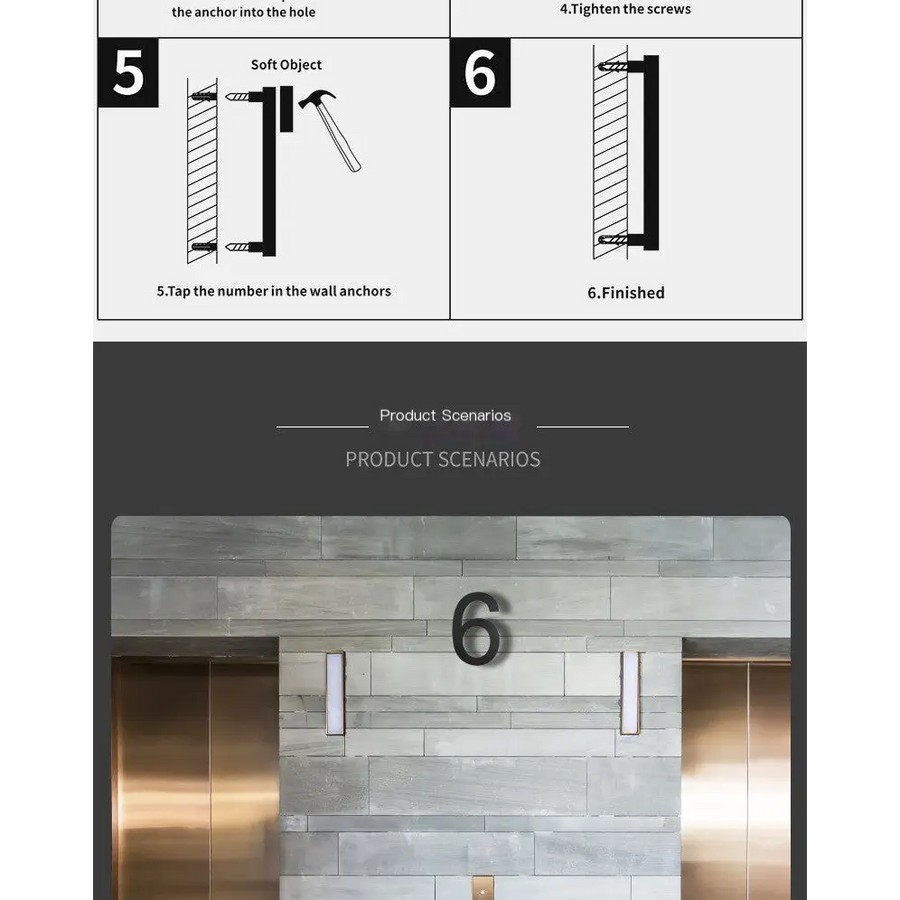 Black, modern number ’6’ wall-mounted plaque with sleek metallic finish.