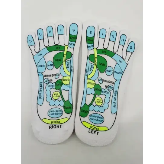 White foot-shaped socks with colorful printed diagrams showing body parts and their corresponding reflexology zones.