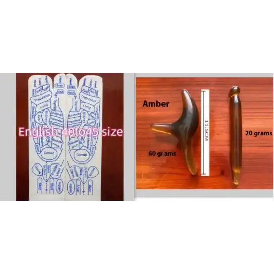 The image displays two distinct objects: a white hand diagram with blue printed acupuncture points and labels, alongside amber massage tools of varying sizes.