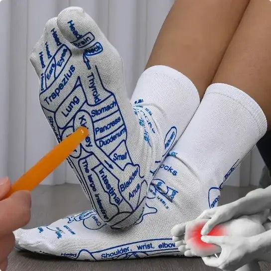 White foot socks with blue printed diagrams of human organs and body parts.