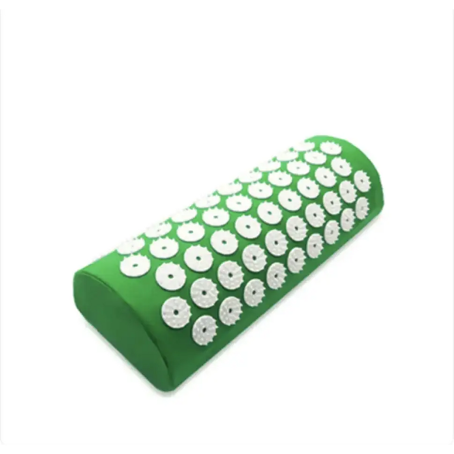 Green cylindrical massage pillow with white, circular acupuncture points embedded across its surface.