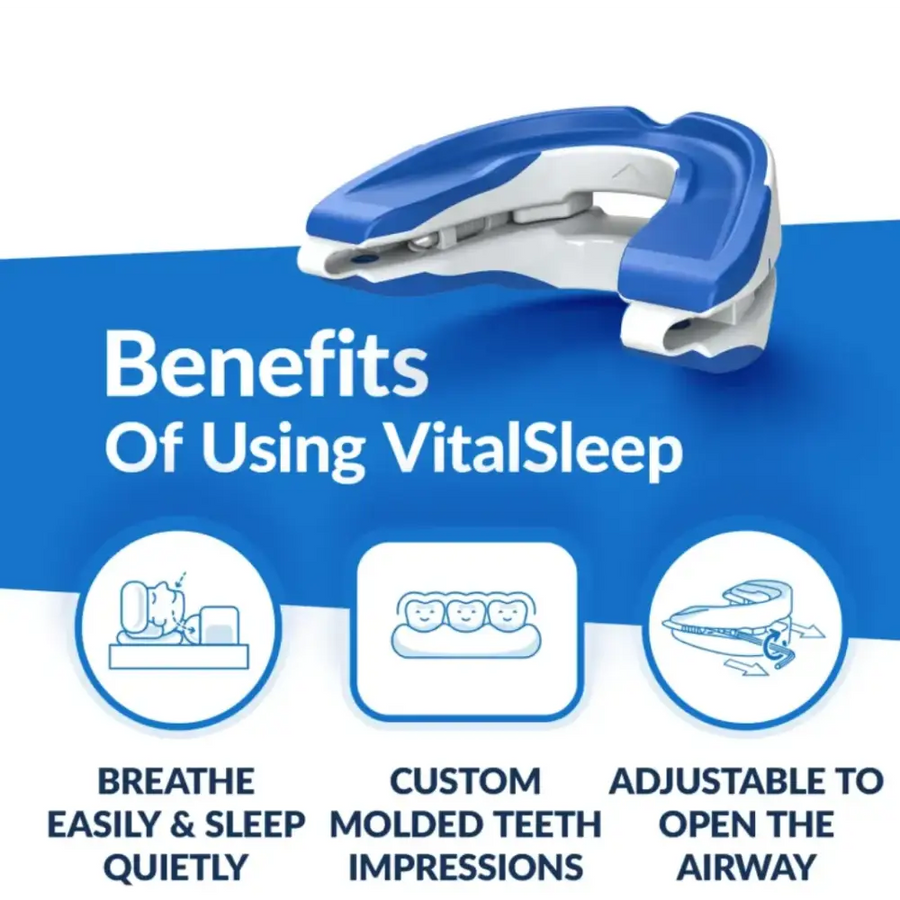 Blue and white vitalsleep oral appliance with a molded design for custom teeth impressions.