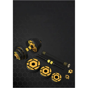Black and yellow adjustable dumbbell set with hexagonal weight plates.