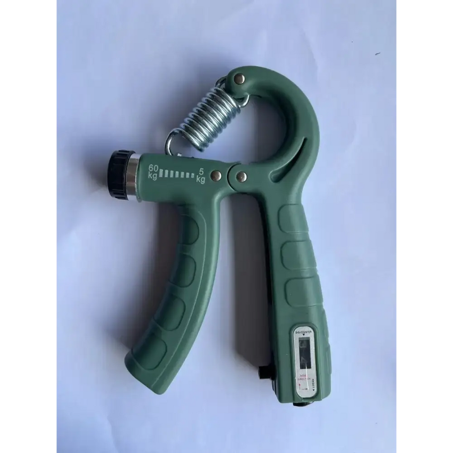 Green plastic grip strengthener with a metallic spring and digital display.