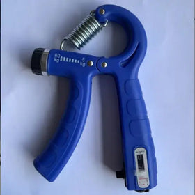 Blue plastic hand gripper with a metal spring and adjustable resistance markings.