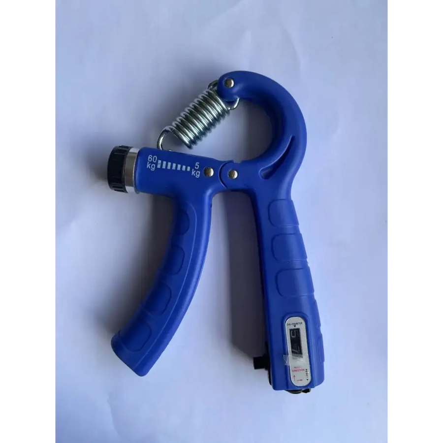 Blue plastic hand gripper with a metallic spring and adjustable resistance settings marked in kilograms.