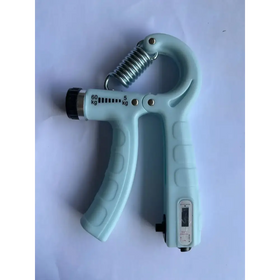 Light blue plastic grip strengthener with a metallic spring and black adjustment knob.