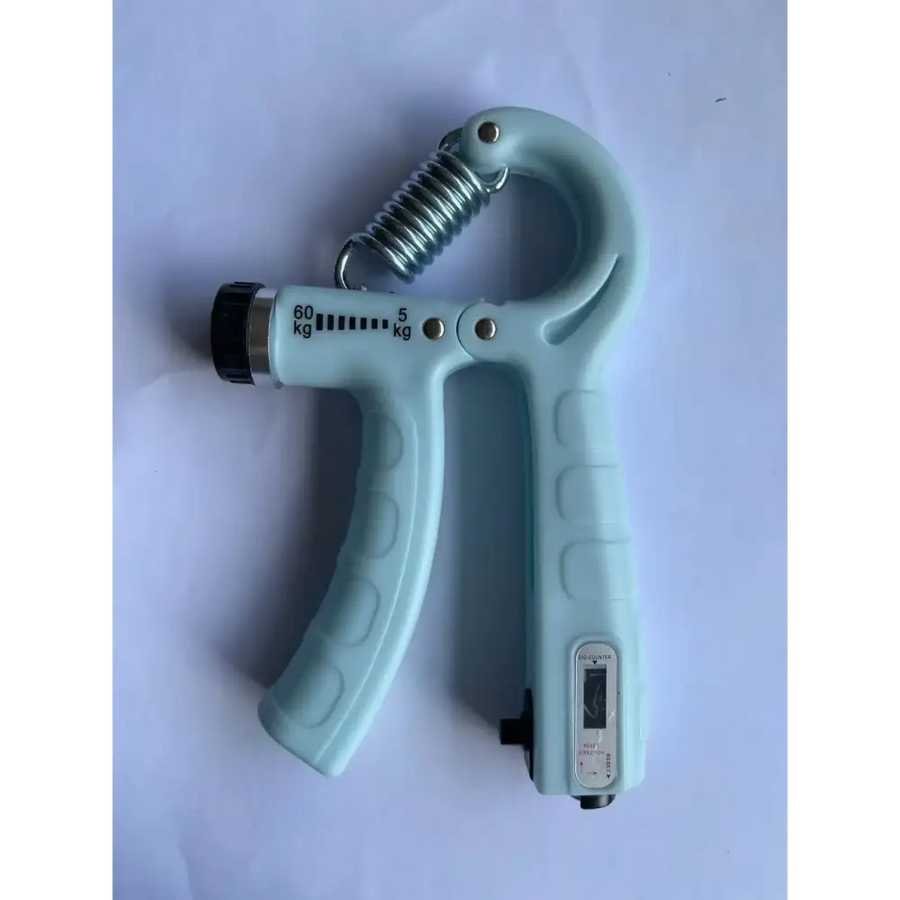 Light blue plastic grip strengthener with a metallic spring and black adjustment knob.