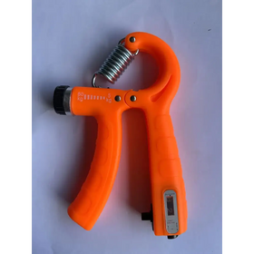 Bright orange plastic hand gripper with a metallic spring and black adjustment knob, featuring weight indicators from 5 to 60 kg.