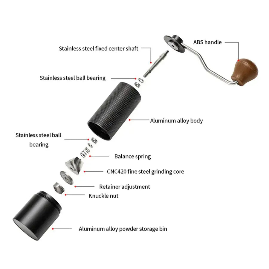 Black aluminum alloy body coffee grinder with stainless steel components and a wooden abs handle.