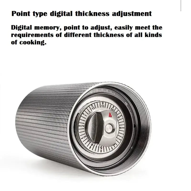 Silver metallic cylindrical coffee grinder with a textured exterior and a digital thickness adjustment dial featuring numbered settings.