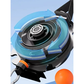 Black and blue retractable reel with a central bearing, orange accent on the handle.