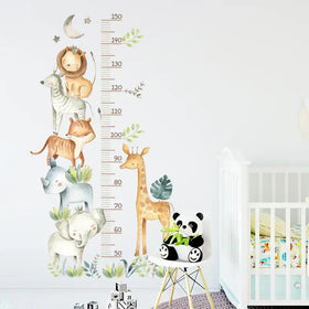 A charming, removable wall decal featuring a vertical growth chart adorned with illustrated animals like lions, zebras, tigers, elephants, giraffes, and pandas in soft earthy tones.