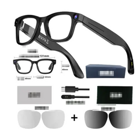 Black-framed smart glasses with a camera lens on the temple and detachable polarized sunglasses.