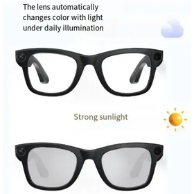 Black-framed glasses with lenses that automatically shift from clear to gray under strong sunlight.