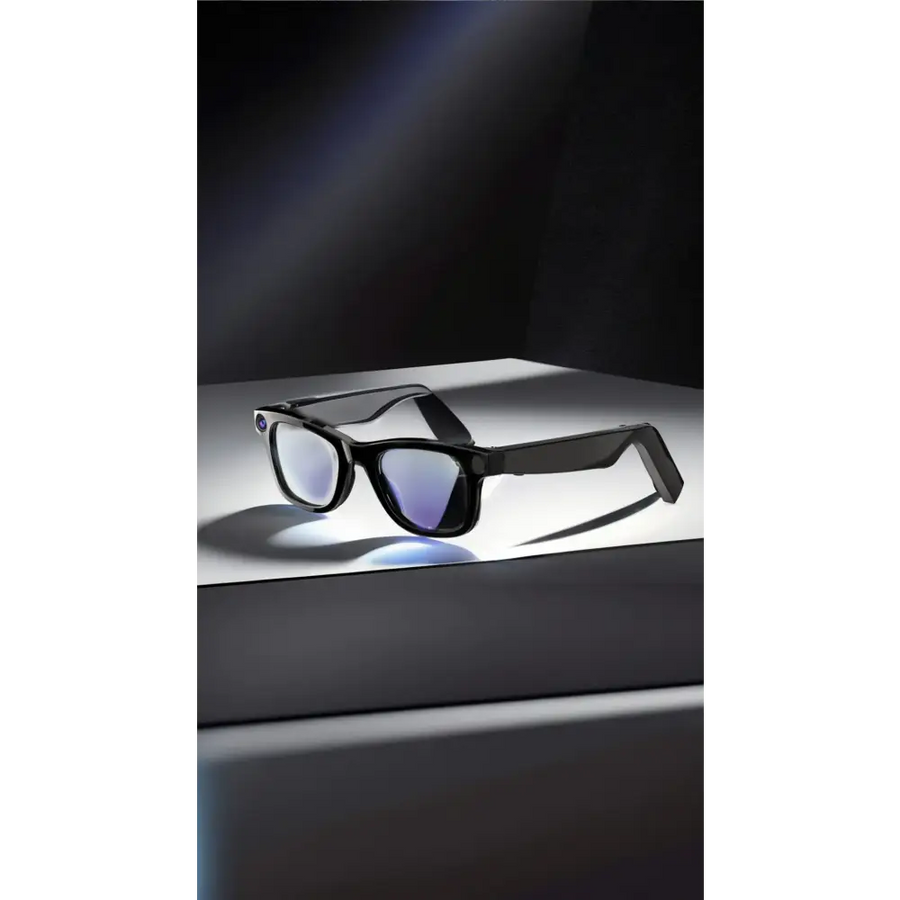 Black-framed smart glasses with sleek, modern design and reflective blue-tinted lenses.
