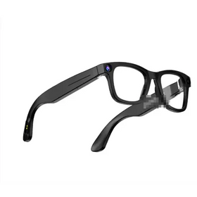 Black rectangular-framed smart glasses with a sleek, matte finish and an integrated camera lens on the temple.